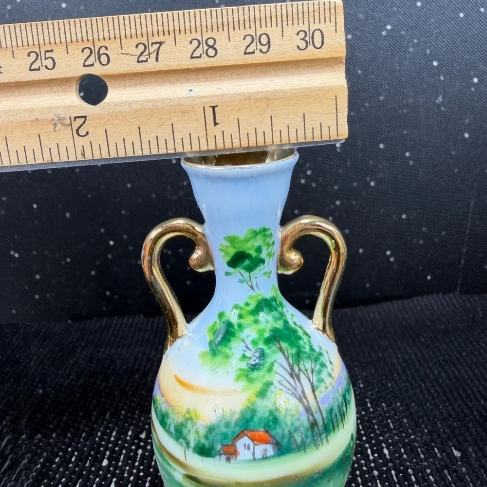Vintage German Porcelain Miniature Bud Vase Hand Painted Swan Landscape Gold